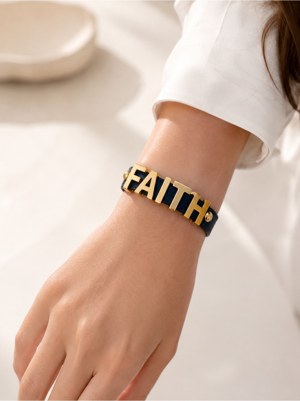 BCBGeneration FAITH Bracelet Gold Letters Navy Blue Faux Leather NWT - Picture 6 of 13